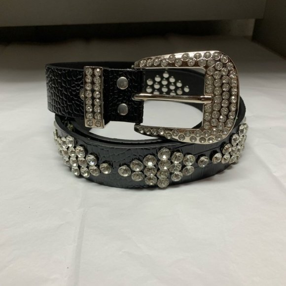 Vegan Black Crocodile Embossed Rhinestone Belt 50% OFF - Picture 4 of 6